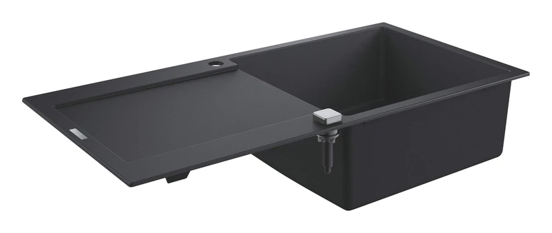 GROHE K500 - Quartz Composite Kitchen Sink with Drainer (Reversible Top Mount, Overflow and Automatic Waste Fitting with Rotary Handle, 1 Bowl 48 x 44 x 20 cm), 100 x 50 cm, Granite Black, 31645AP0