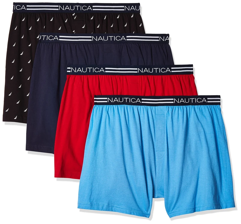 Nautica Men's Classic Cotton Loose Knit Boxer Shorts, Peacoat/Aero Blue Red/Sails Black-4 Pack, Medium
