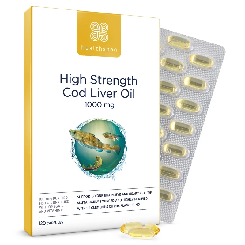 Healthspan Cod Liver Oil 1,000mg | Rich in Omega 3 Fatty Acids DHA & EPA | Brain, Eyes & Heart Health | Vitamin A & D3 | Vision, Bones, Teeth & Immune | Sustainably Sourced (120 Capsules)