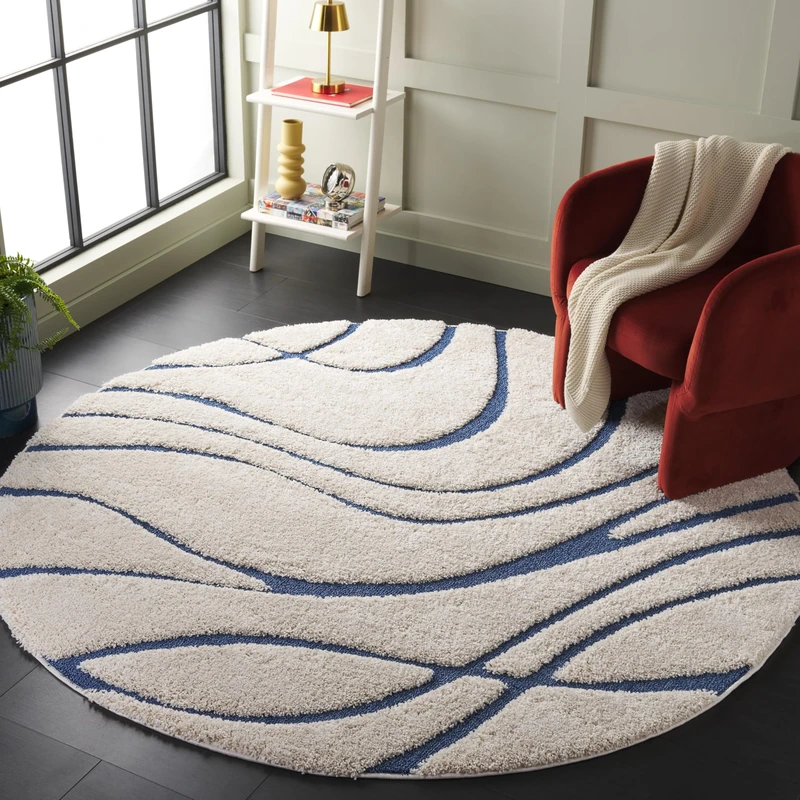 Safavieh Shag Rug for Living Room, Dining Room, Bedroom - Florida Shag Collection, High Pile, in Cream and Blue, 152 X 152 cm