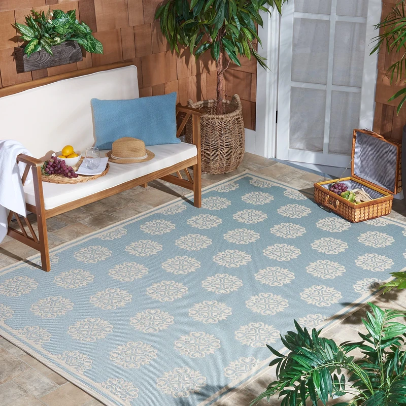 SAFAVIEH Small Medallion Rug for Indoor & Outdoor - Beachhouse Collection, Short Pile, in Aqua and Cream color, 122 X 183 cm