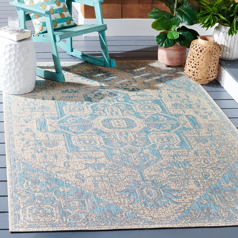 SAFAVIEH Medallion Rug for Indoor & Outdoor - Beachhouse Collection, Short Pile, in Aqua and Cream color, 79 X 152 cm