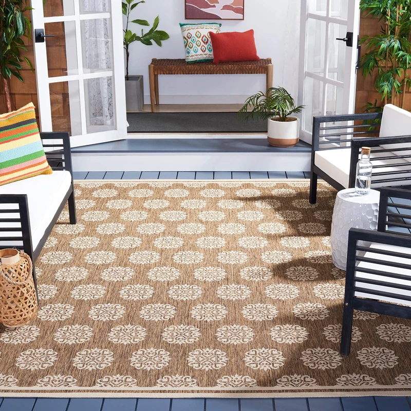 SAFAVIEH Small Medallion Rug for Indoor & Outdoor - Beachhouse Collection, Short Pile, in Beige and Cream color, 201 X 201 cm