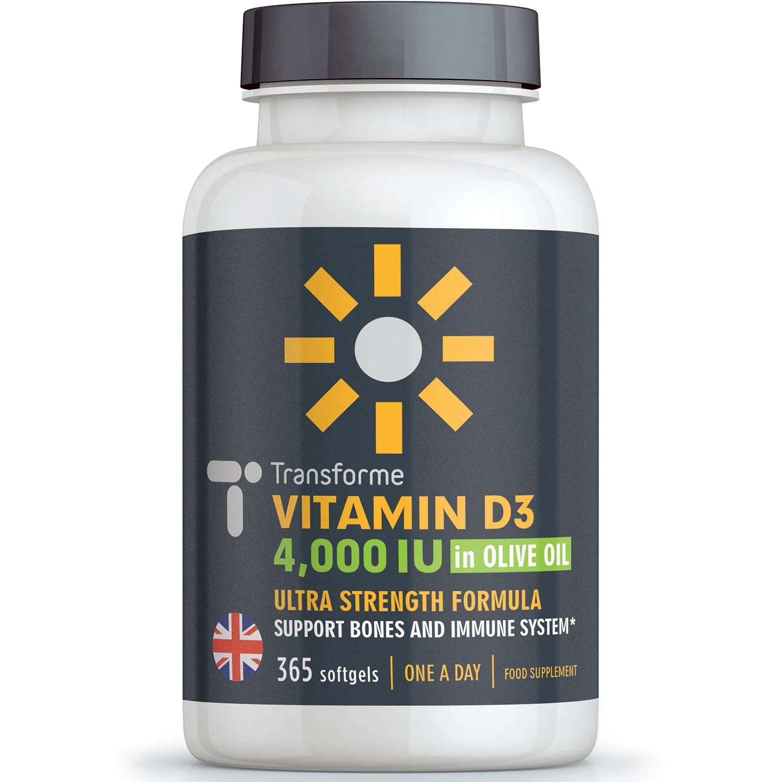 Transforme Vitamin D3 4000 IU in Olive Oil, 365 Capsules 1 Year Supply, Maximum Strength High Absorption Softgels, Easy to Swallow Quadruple Strength Vitamin D Cholecalciferol - Not Tablets