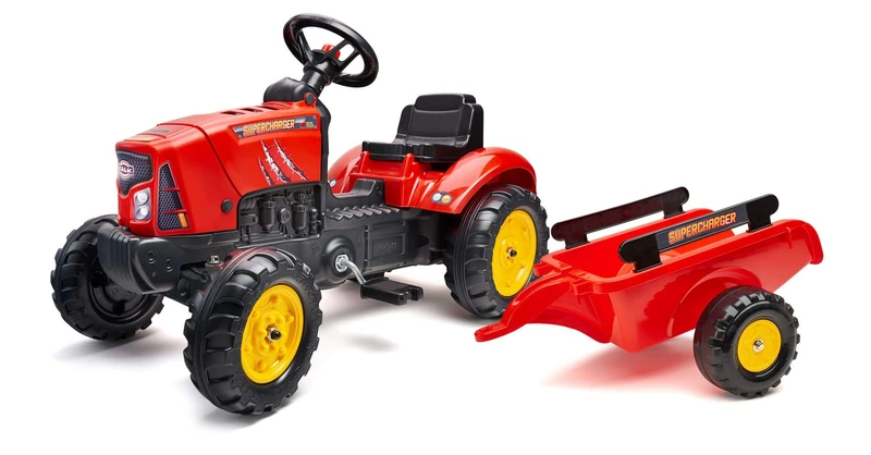 Falk - Supercharger pedal tractor with trailer - From 2 years old - Made in France - Opening hood - directional steering wheel with horn - 2030AB