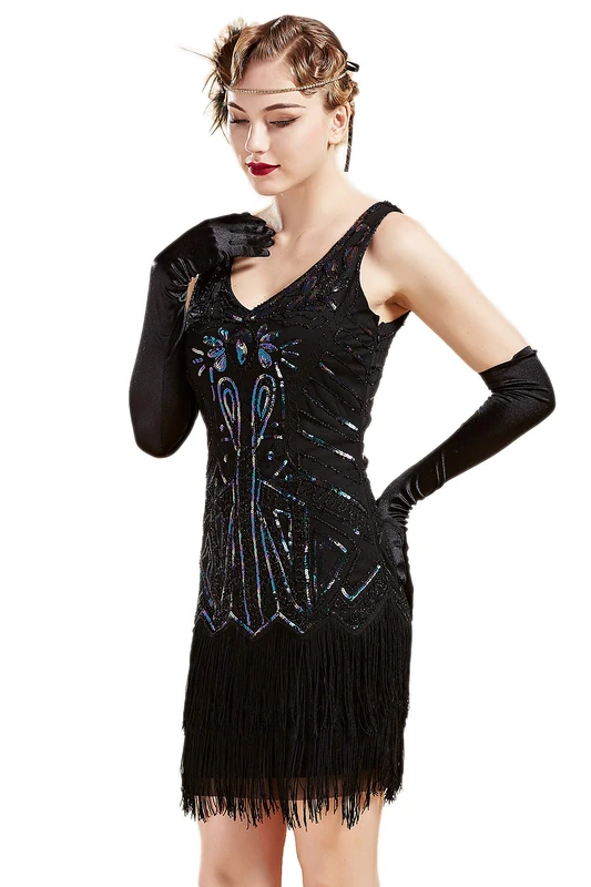 BABEYOND Women's Flapper Dresses 1920s V Neck Beaded Fringed Great Gatsby Dress (XXX-Large, Black Colorful)