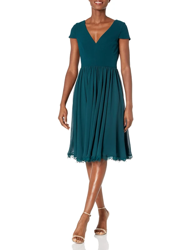 Dress the Population Women's Corey Plunging Mix Media Cap Sleeve A-line Midi Dress, Pine, XL