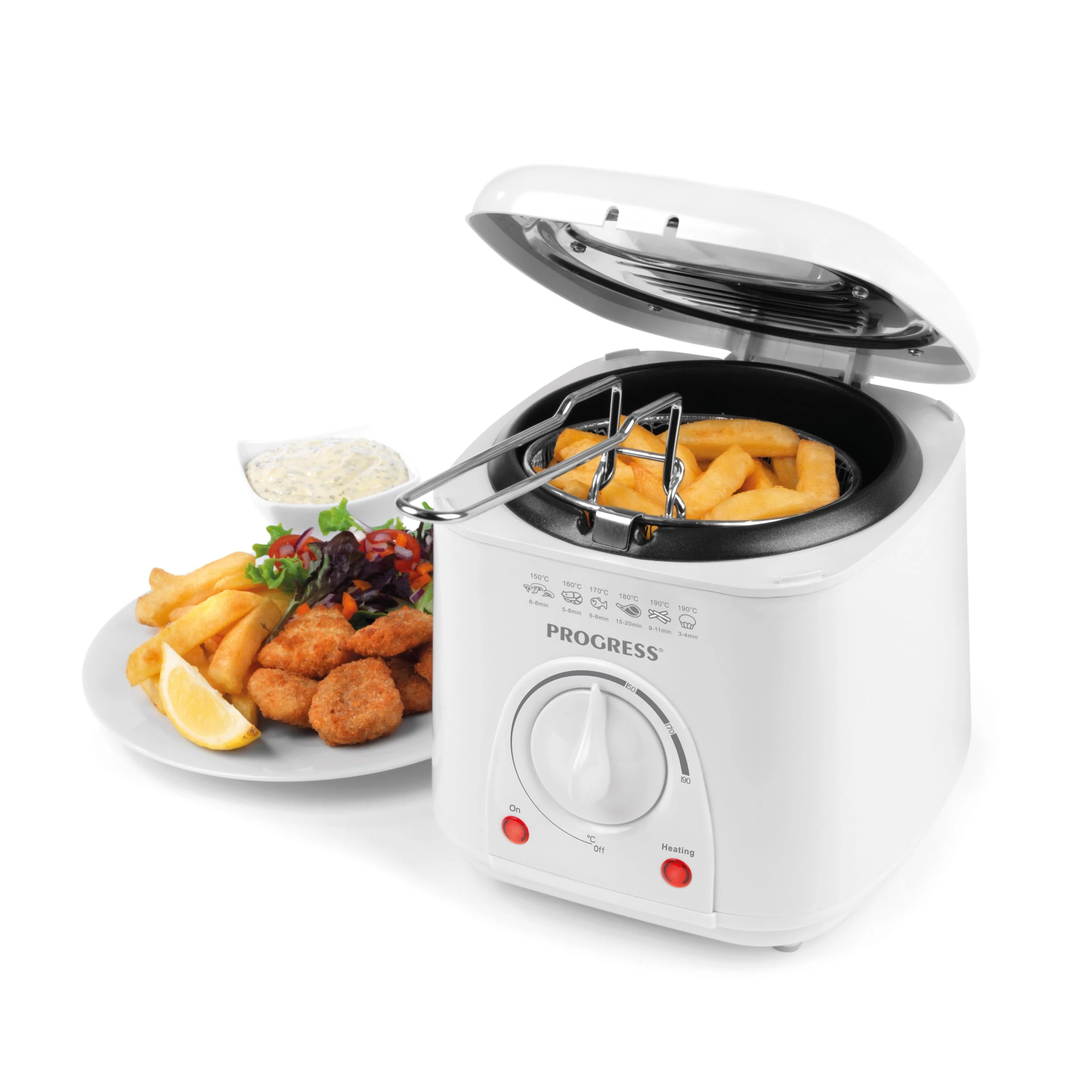 Progress EK2969P Electric 1L Mini Deep Fat Fryer - Removable Cooking Basket, Easy Clean, Non-Slip, Variable Temperature Control To 190°, Non-Stick Oil Tank, Detachable Handle, Countertop Chip Pan