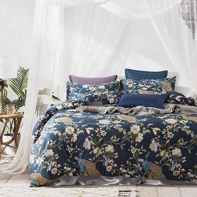 Eikei Oriental Garden Majestic Peacock Bird Floral Duvet Cover Chinoiserie Chic Asian Style Blooming Trees Vines and Branches Long Staple Cotton 3pc Bedding Set (Orion Blue, King) - Image 1