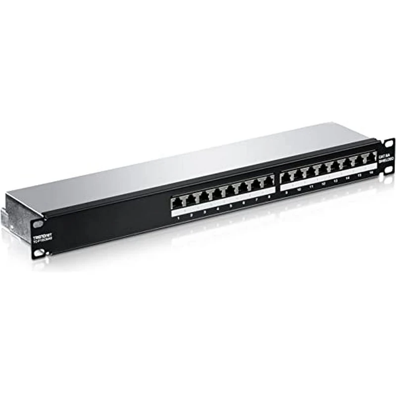 TRENDnet 16-Port Cat6A Shielded 1U Patch Panel, 1000BASE-T / 10GBASE-T Support, compatible with cat5e, cat6, cat6a, 110 or Krone type, TC-P16C6AS