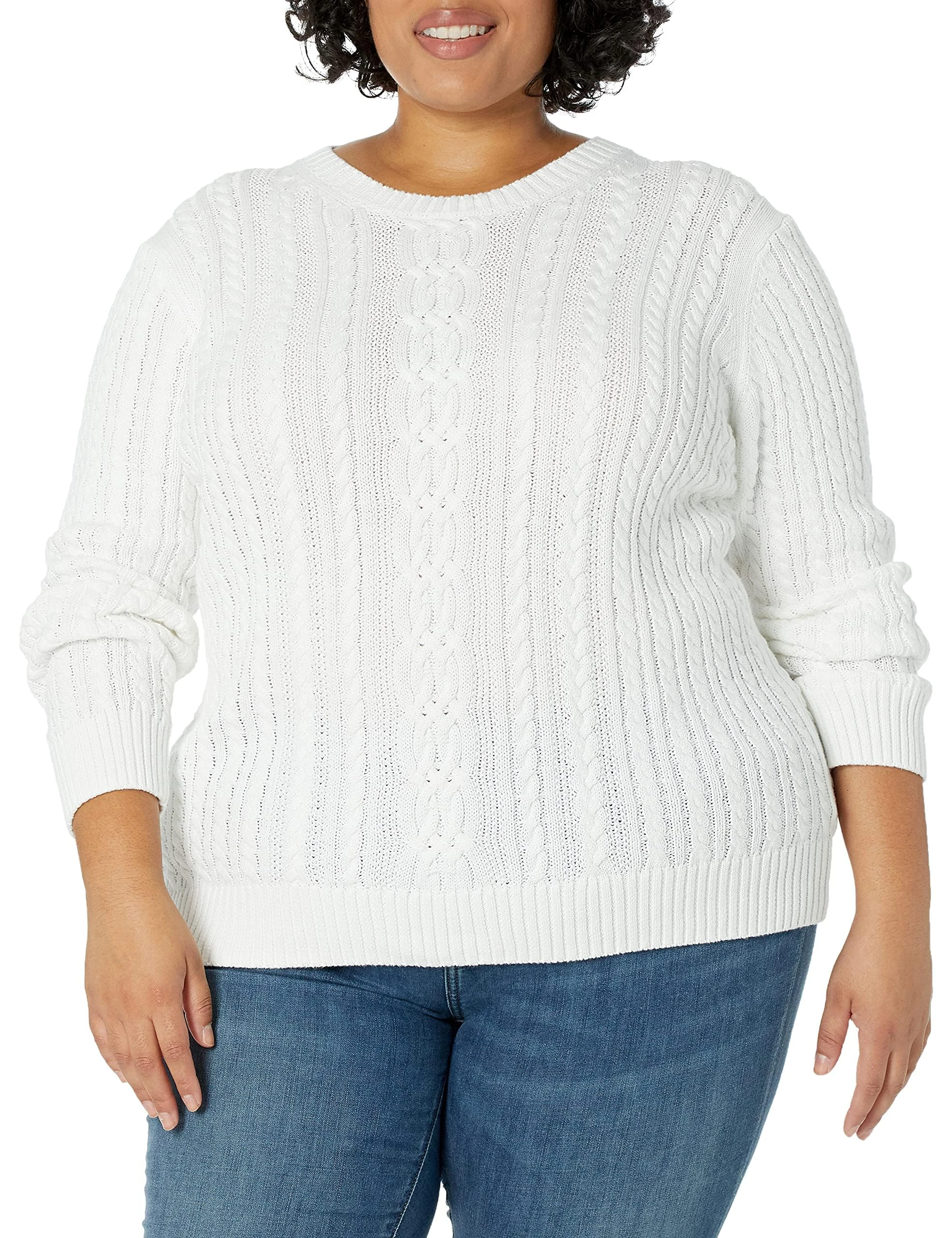 Amazon Essentials Women's Soft Fisherman Cable Long-Sleeve Crewneck Jumper (Available in Plus Size), White, M