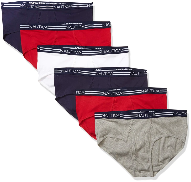 Nautica Men's Classic Cotton Fly Front Briefs T-Shirt, Peacoat Red/Heather Grey/White-6 Pack, S (Pack of 6)