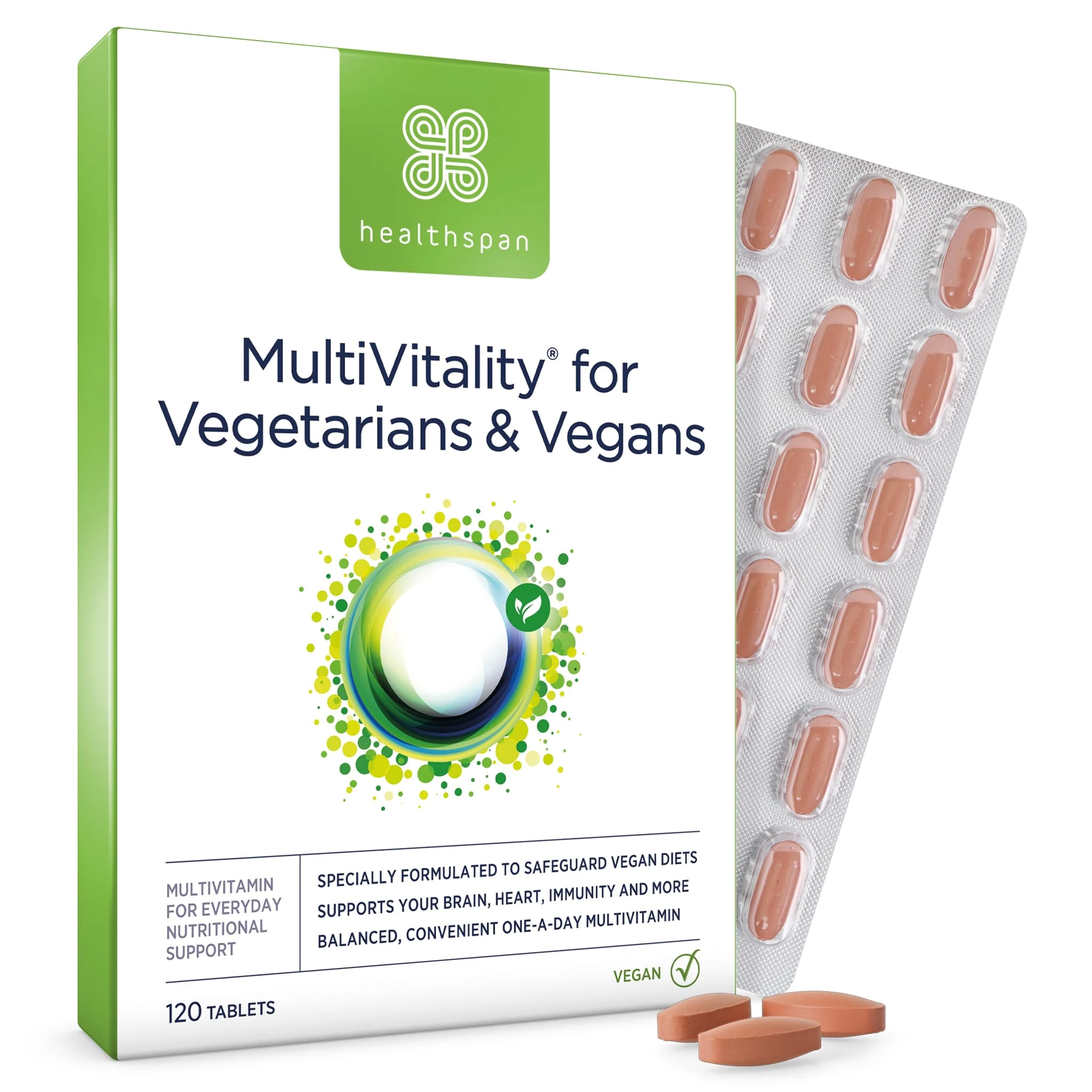 Healthspan Multivitamin for Vegetarians & Vegans, 120 Tablets | Winner Vegan Choice Awards | Promotes Immune Health & Energy Levels | Supports Bones, Teeth & Muscles | with Calcium, Iron & Zinc