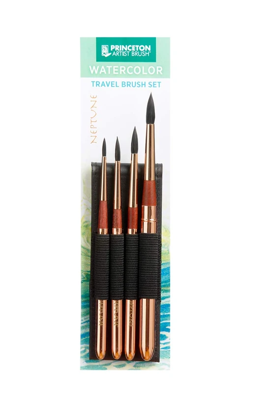 Princeton Neptune Fine Art Watercolours Brushes Pro Set, Synthetic Squirrel, 4 Piece Travel Brush Set, Short Handle, For Professionals & Students