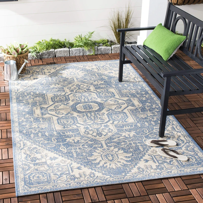 SAFAVIEH Medallion Rug for Indoor & Outdoor - Beachhouse Collection, Short Pile, in Cream and Blue color, 122 X 183 cm