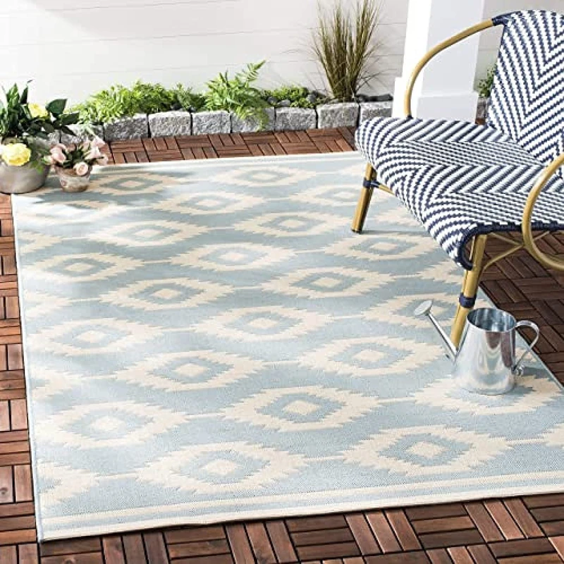 Safavieh Tribal Indoor/Outdoor Woven Rectangle Area Rug, Beachhouse Collection, BHS171, in Cream / Aqua, 79 X 152 cm for Garden, Patio or Any Outdoor Space