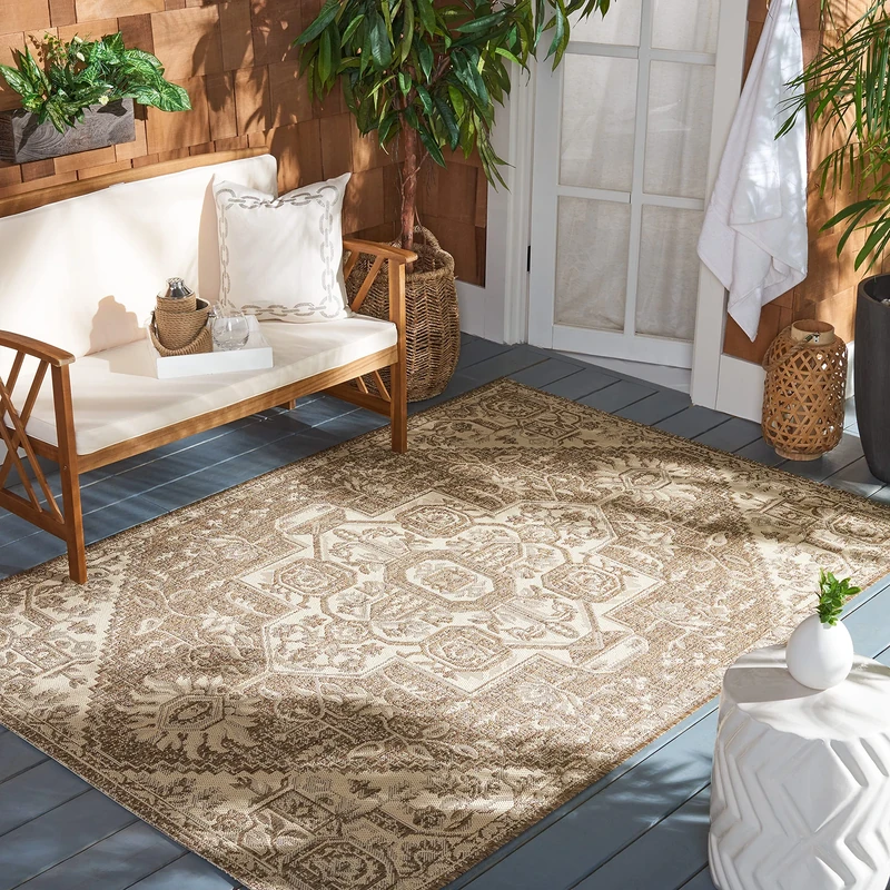 SAFAVIEH Medallion Rug for Indoor & Outdoor - Beachhouse Collection, Short Pile, in Cream and Beige color, 122 X 183 cm
