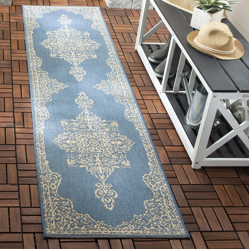 SAFAVIEH Medallion Rug for Indoor & Outdoor - Beachhouse Collection, Short Pile, in Cream and Blue color, 61 X 244 cm