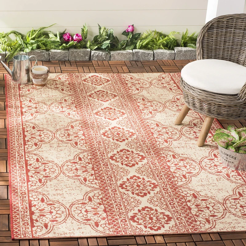 SAFAVIEH Transitional Rug for Indoor & Outdoor - Beachhouse Collection, Short Pile, in Red and Creme color, 122 X 183 cm