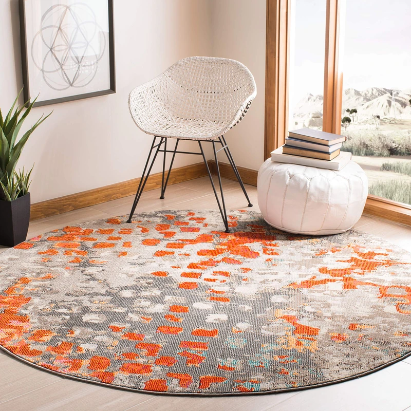 Safavieh Boho Rug for Living Room, Dining Room, Bedroom - Madison Collection, Short Pile, in Grey and Orange, 152 X 152 cm