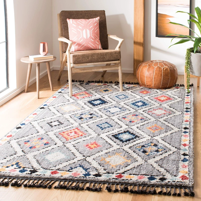 Safavieh Boho Chic Indoor Woven Rectangle Area Rug, Morocco Collection, MRC965, in Grey/Multi, 160 X 229 cm for Living Room, Bedroom or Any Indoor Space