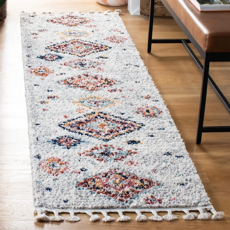 Safavieh Boho Rug for Living Room, Dining Room, Bedroom - Morocco Collection, Short Pile, in Cream and Multi, 66 X 244 cm