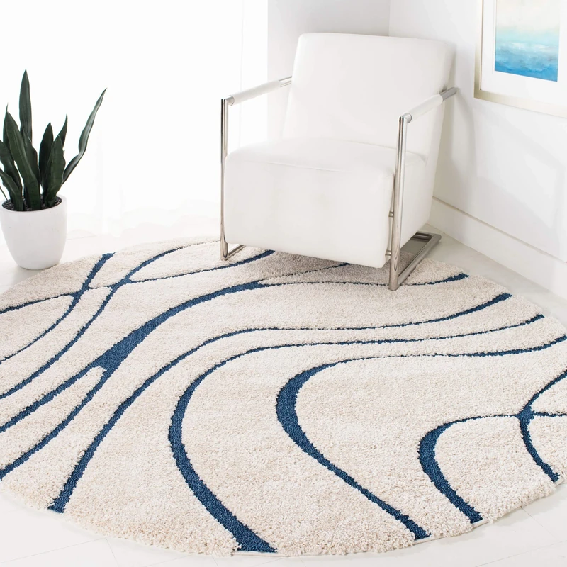 Safavieh Shag Rug for Living Room, Dining Room, Bedroom - Florida Shag Collection, High Pile, in Cream and Blue, 122 X 122 cm