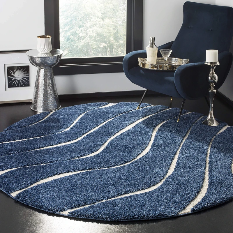 Safavieh Shag Rug for Living Room, Dining Room, Bedroom - Florida Shag Collection, High Pile, in Dark Blue and Cream, 122 X 122 cm