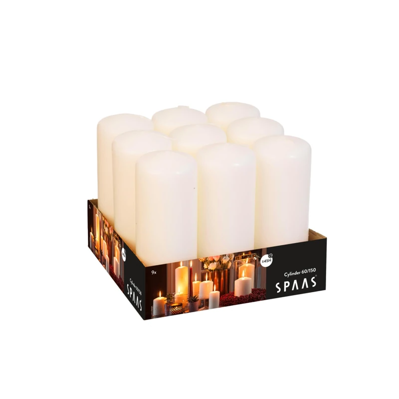 Spaas Tray of 9 Unscented Pillar Candles 60/150 mm, ± 45 Hours, Ivory