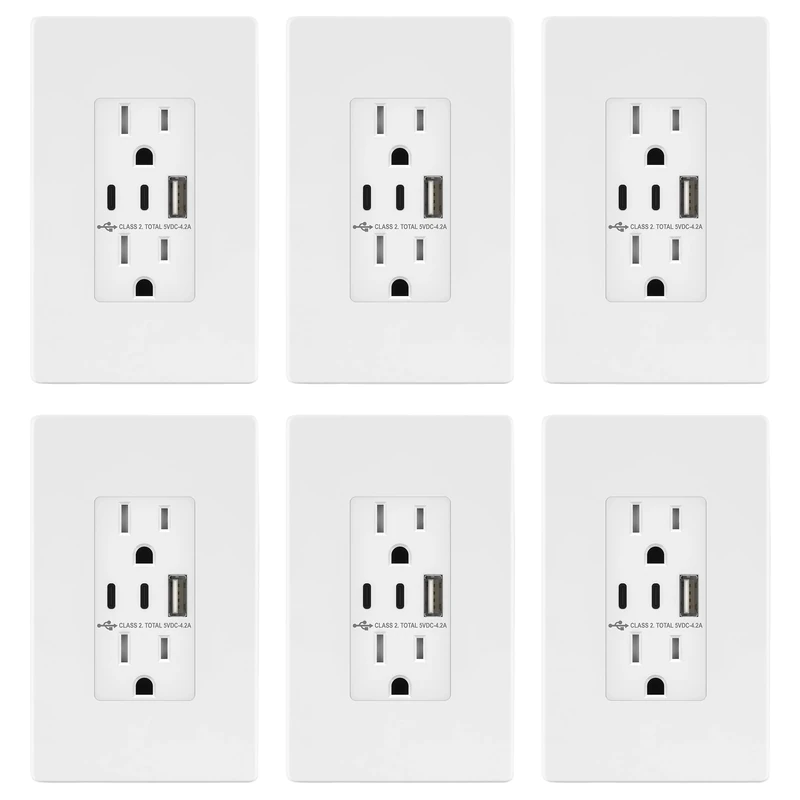 TOPGREENER 4.2A 3-Port Type C USB Outlet, 15 Amp Receptacle Plug, Charging Power Outlet with Dual Type C&A Ports, Screwless Wall Plate Included, UL Listed, TU21542AC2-WSID, White, 6 Pack