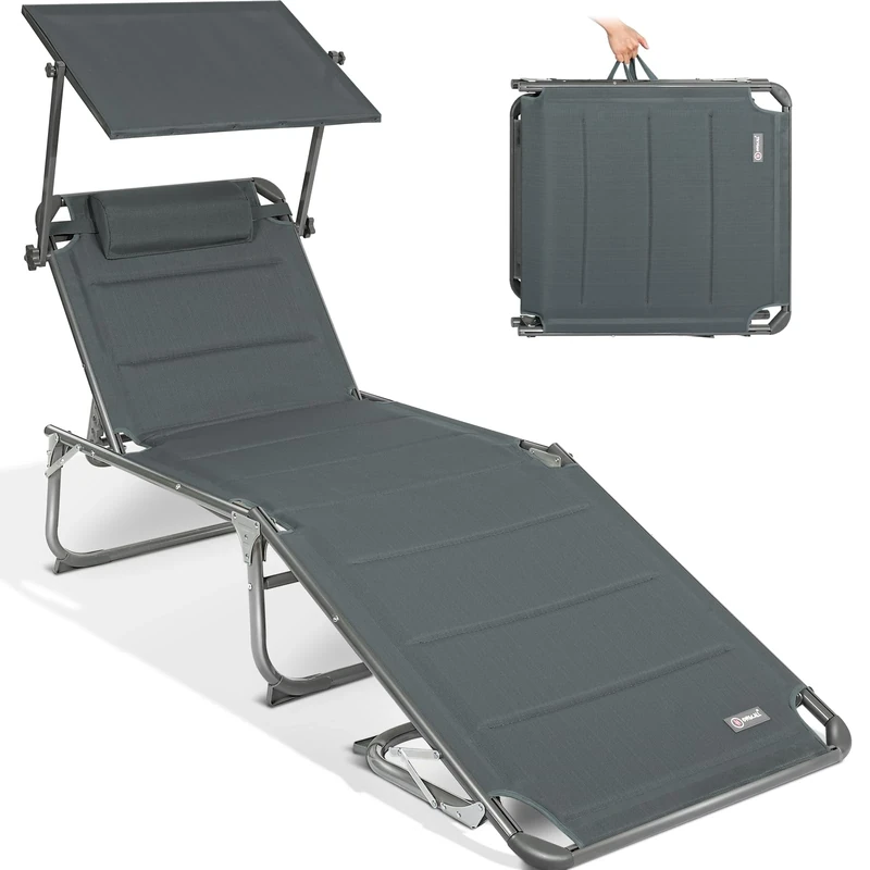 Homecall XXL Aluminium Sun Lounger with Sun Roof Three-Legged Beach bed 200x70 cm Maximum Load 150 kg, Grey textilene, Quick Dry Foam