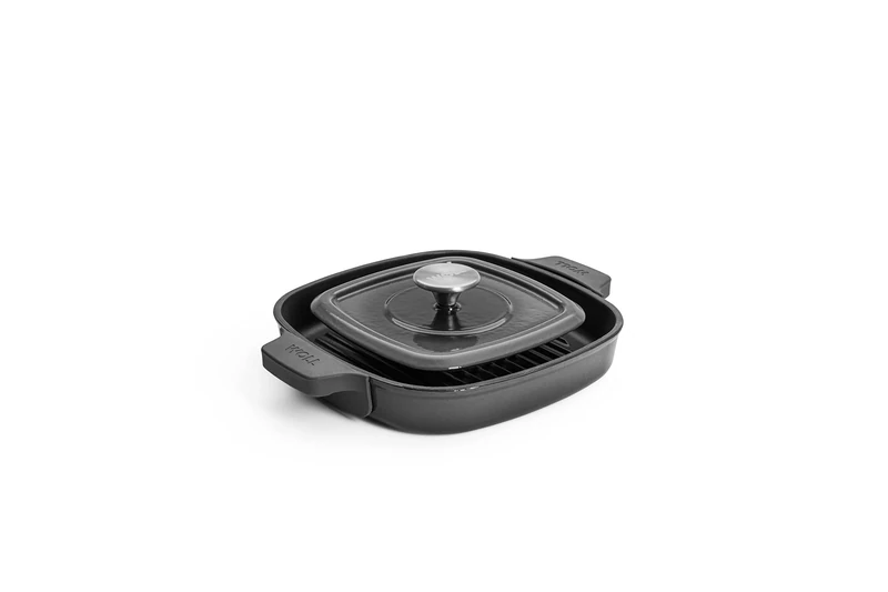 Woll Iron Cast Iron Square Grill Pan with Grooves Including Steak Press and Silicone Handles Induction 24 x 24 cm 4.5 cm High Suitable for All Hobs Oven-Safe up to 250 ° Grey