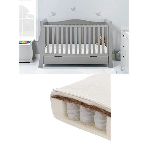 Obaby Stamford Sleigh Luxe Cot Bed and Dual Core Moisture Management Mattress - Warm Grey