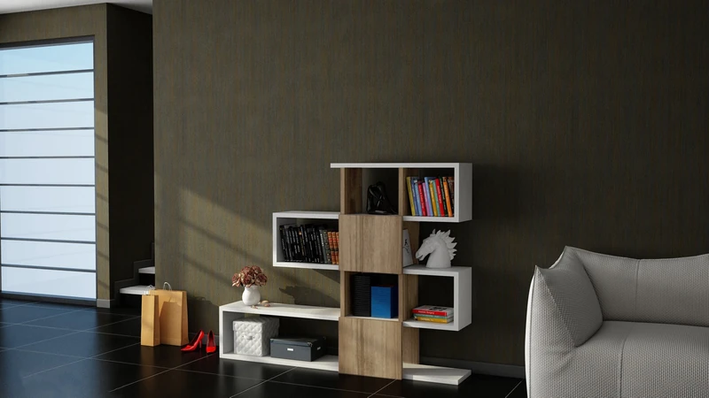 Hanah Home Modern Bookshelf, White & Walnut, 120 x 109 x 19.5 cm, 100% Melamine Coated Particle Board, 18 mm Thick, Wall-Mountable, Stylish & Functional Design - Image 1