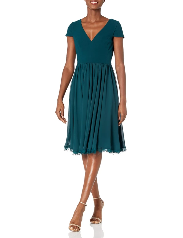 Dress the Population Women's Corey Plunging Mix Media Cap Sleeve A-line Midi Dress, Pine, XXL