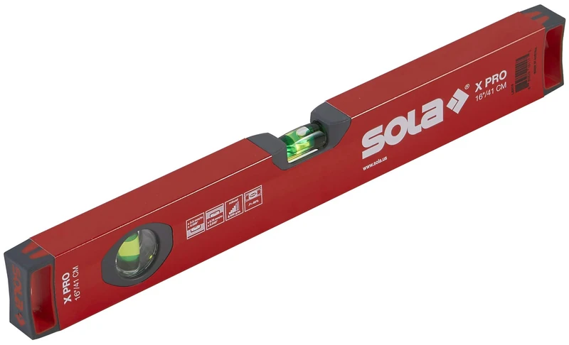 SOLA LSX16 X PRO Aluminum Box Profile Spirit Level with 2 60% Magnified Vials, 16-Inch, Red