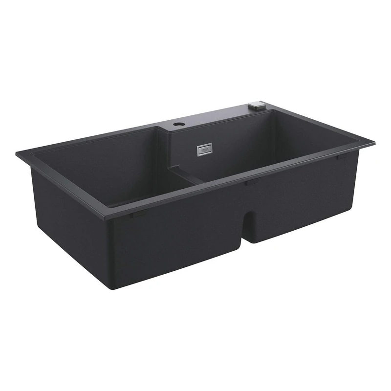 GROHE K500 - Quartz Composite Double Kitchen Sink (Top Mount, Overflow and Automatic Waste Fitting with Rotary Handle, 1 Bowl 39x43x20 cm, 2 Bowl 38x36.5x20 cm), 86x50 cm, Granite Black, 31649AP0