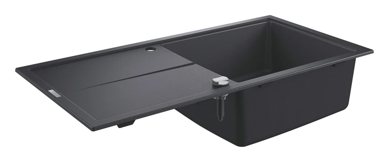 GROHE K400 – Reversible Top Mounted Quartz Composite Kitchen Sink with Drainer (1 Bowl 480 x 420 x 205 mm, Waste Kit, Basket Strainer Waste, Mounting Set), Size 1000 x 500 mm, Granite Black, 31641AP0