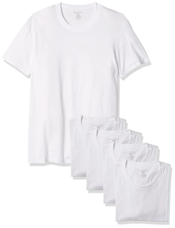 Nautica Men's Cotton Crew Neck T-shirt - Multi Packs Polo Shirt, White- 5 Pack, M UK