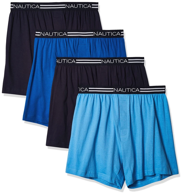 Nautica Men's Classic Cotton Loose Knit Boxer Shorts, Peacoat/Aero Blue/Sea Cobalt-4 Pack, L