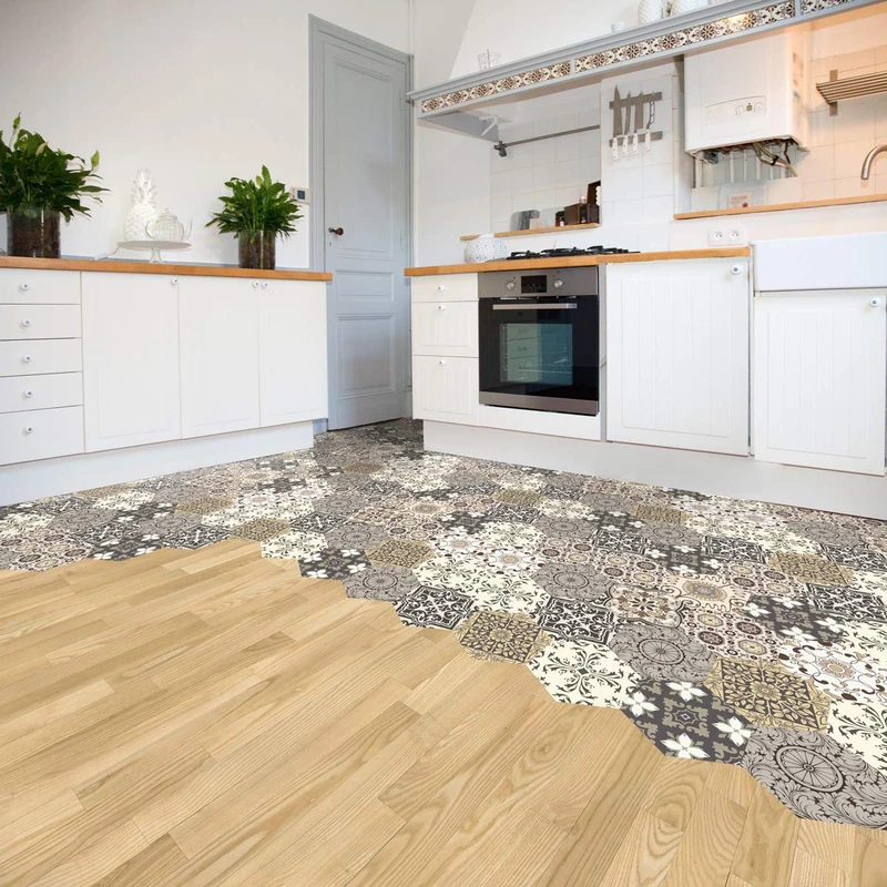 Floor Stickers Cement Tiles with Plastic Protective Laminate | Adhesive Stickers Hexagonal Tiles Water Resistant Floor Tiles 20 x 18 cm – Pack of 10