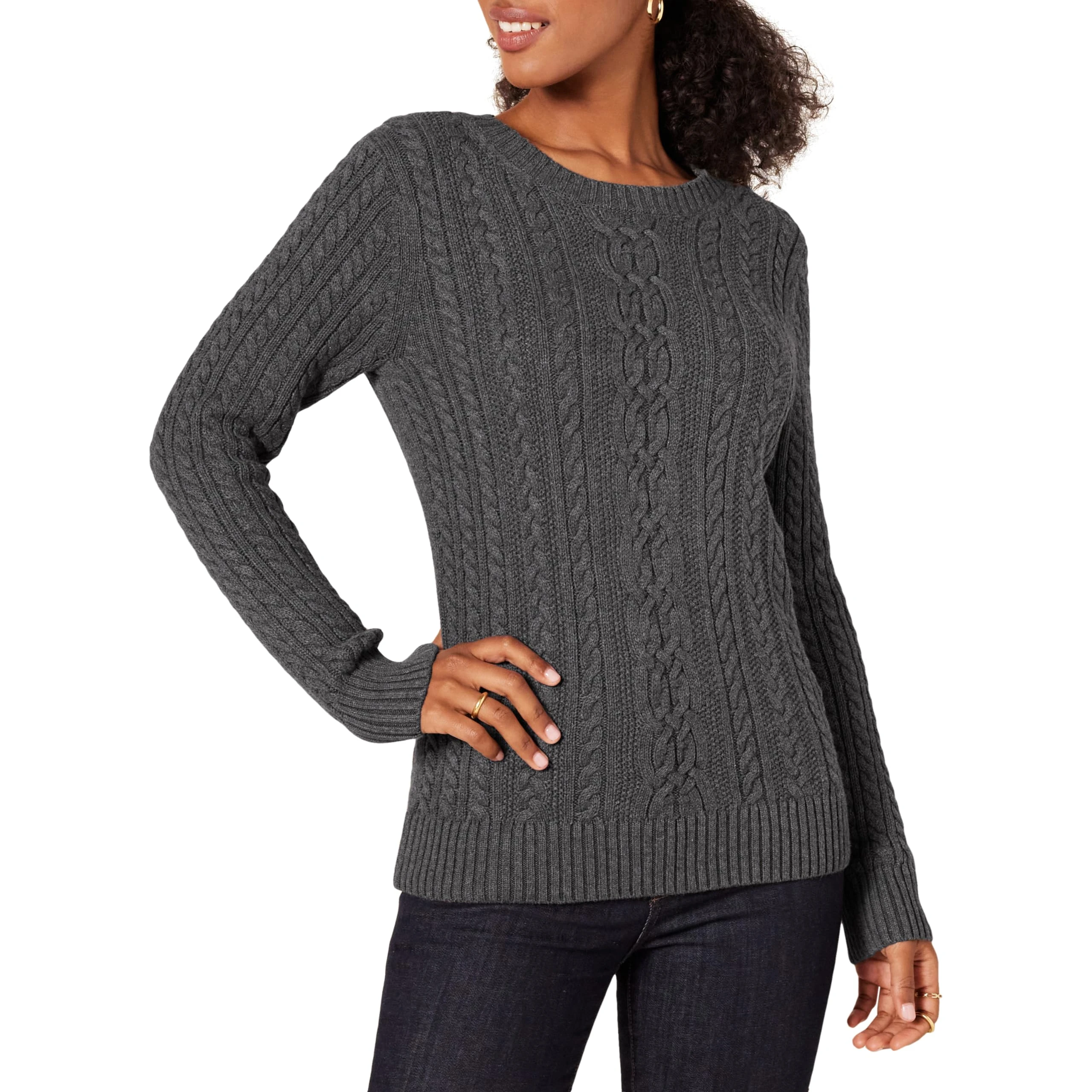 Amazon Essentials Women's Fisherman Cable Long-Sleeve Crewneck Sweater (Available in Plus Size), Charcoal Heather, Medium