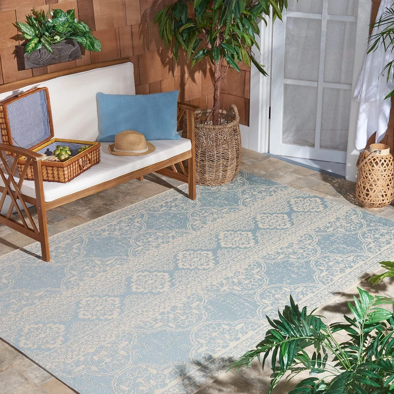 SAFAVIEH Transitional Rug for Indoor & Outdoor - Beachhouse Collection, Short Pile, in Cream and Aqua color, 155 X 229 cm