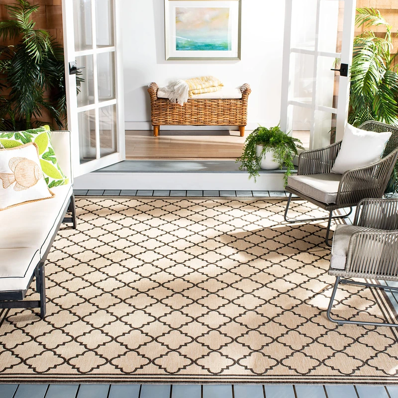 Safavieh Geometric Rug for Living Room, Dining Room, Bedroom - Beachhouse Collection, Short Pile, in Creme and Brown, 91 X 152 cm - Image 1