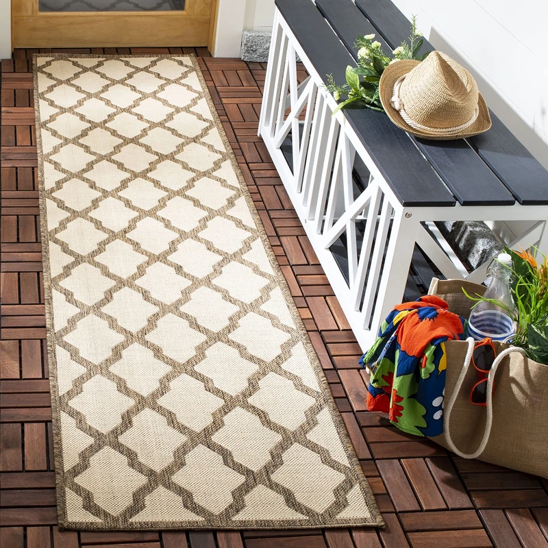 SAFAVIEH Trellis Rug for Indoor & Outdoor - Beachhouse Collection, Short Pile, in Cream and Beige color, 61 X 244 cm