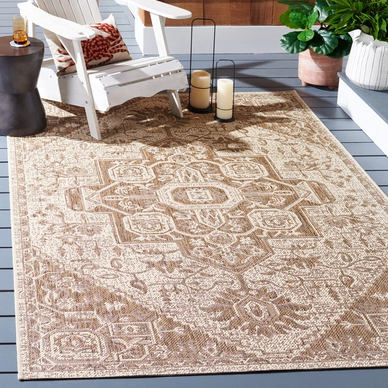 Safavieh Medallion Indoor/Outdoor Woven Rectangle Area Rug, Beachhouse Collection, BHS138, in Beige / Cream, 122 X 183 cm for Garden, Patio or Any Outdoor Space