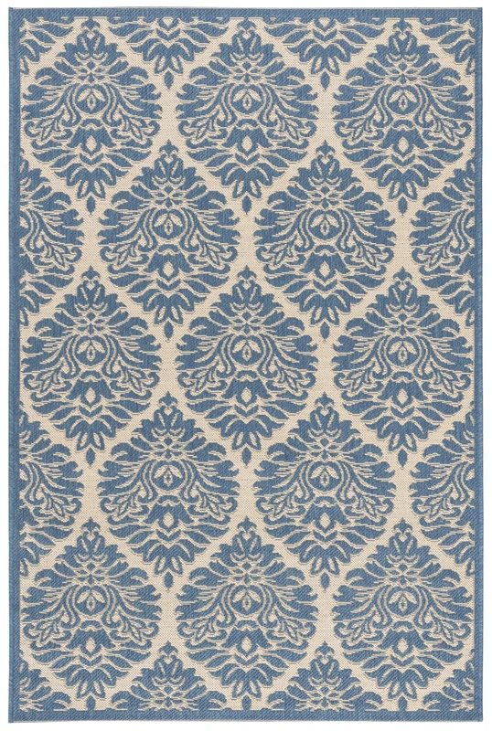 SAFAVIEH Damask Rug for Indoor & Outdoor - Beachhouse Collection, Short Pile, in Cream and Blue color, 79 X 152 cm
