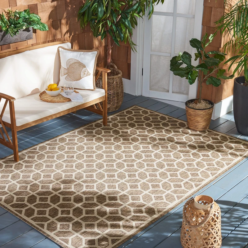 SAFAVIEH Geometric Rug for Indoor & Outdoor - Beachhouse Collection, Short Pile, in Beige and Cream color, 160 X 229 cm