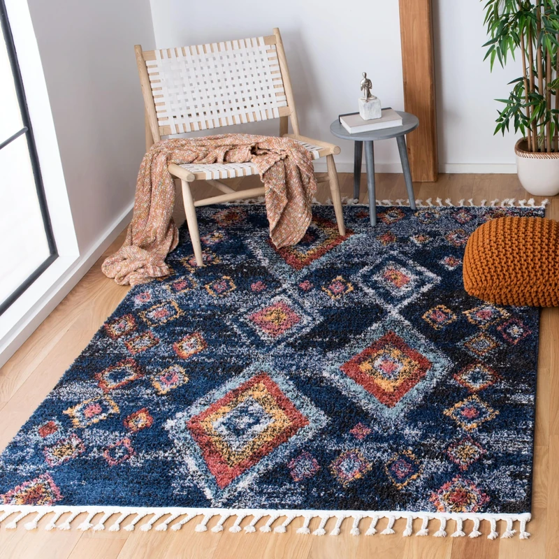 Safavieh Boho Chic Indoor Woven Rectangle Area Rug, Morocco Collection, MRC941, in Navy/Multi, 160 X 229 cm for Living Room, Bedroom or Any Indoor Space