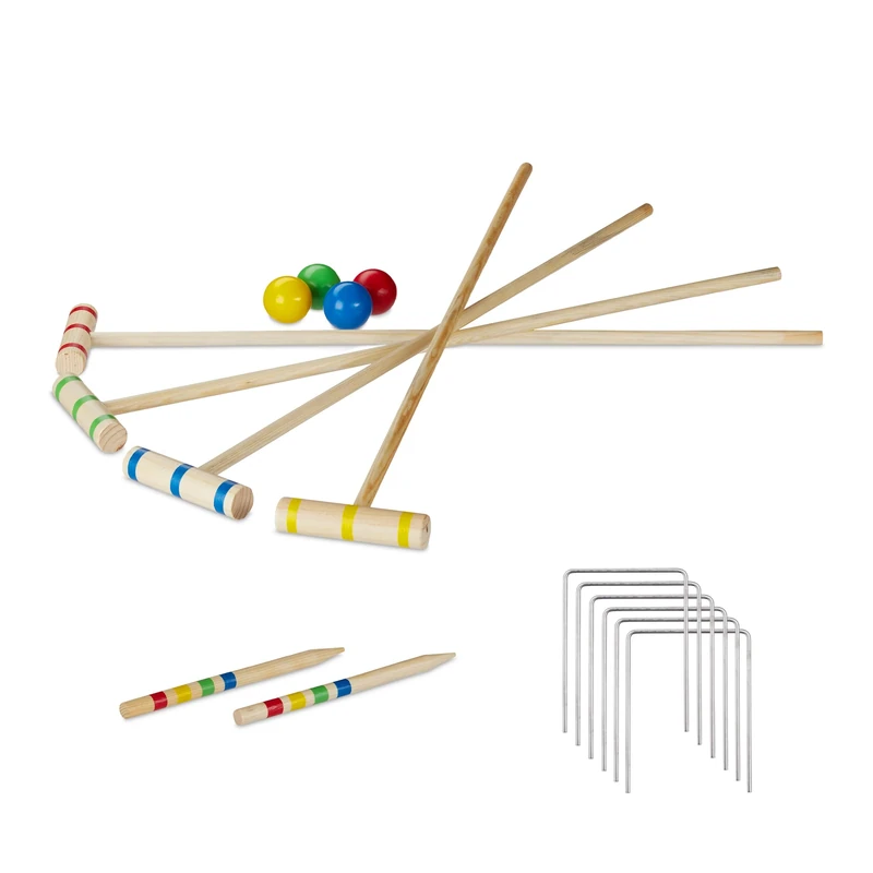 Relaxdays Croquet Game, 4 Players, Adults & Kids, Complete Set with Carrier Bag, Wooden, Mallet 75 cm, Natural - Image 1